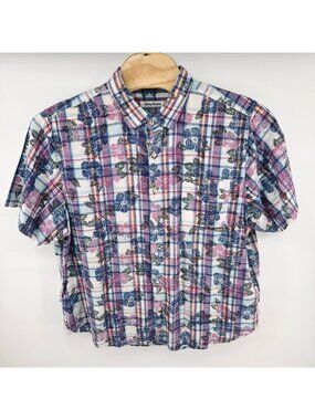 Tommy Bahama Mens XXL Floral Plaid Short Sleeve Button-Down Shirt Linen Blend